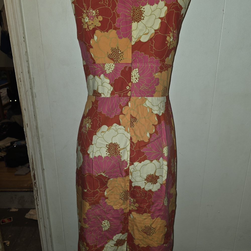 Talbots 100% Cotton Floral Sheath Dress Size 4 Pink Orange Red Made in USA